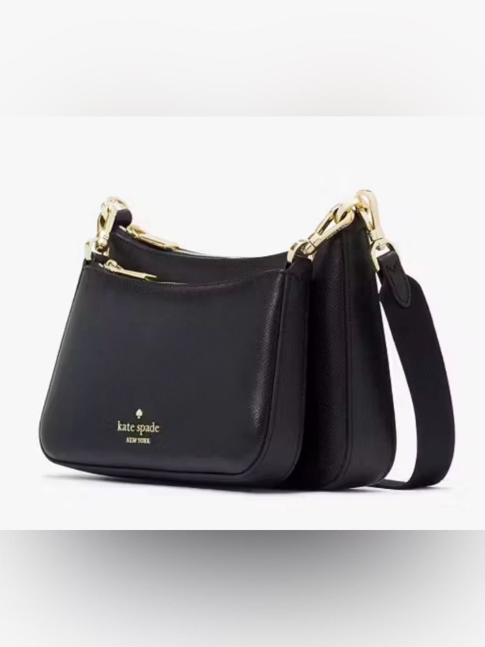 kate spade Black Leather Double Compartment Shoulder Bag with Gold Hardware